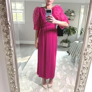 Vintage 1980s Miss Elliette Fuchsia Maxi Dress | Ruffle Sleeves Size 4